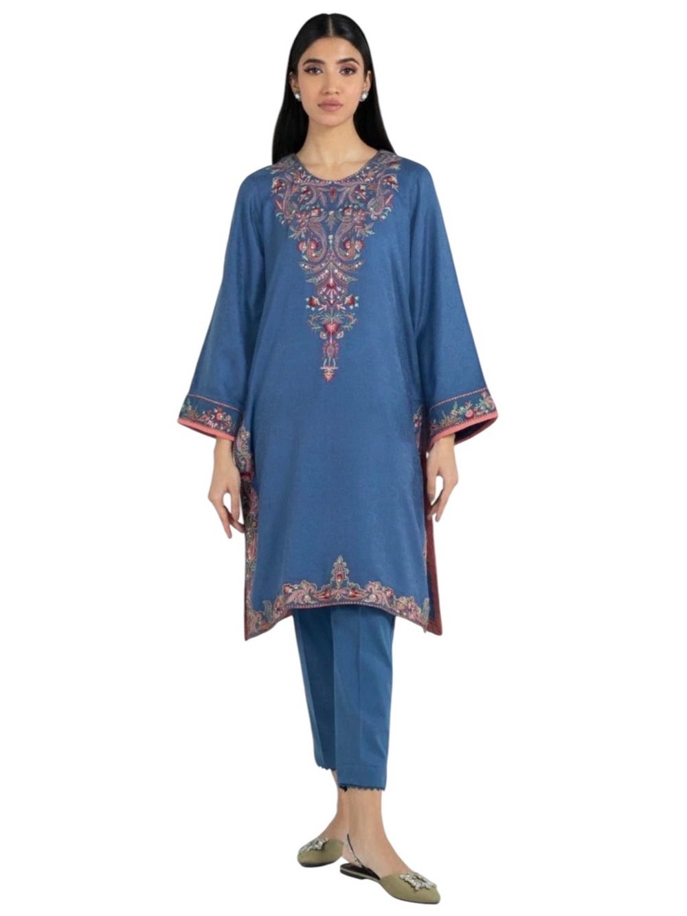 Sana Safinaz multicolor floral embroidered blue kurta dress size XL NWT